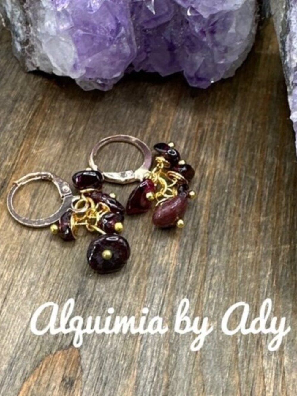 Garnet Red and Gold Dangle clusters Hoop Earrings